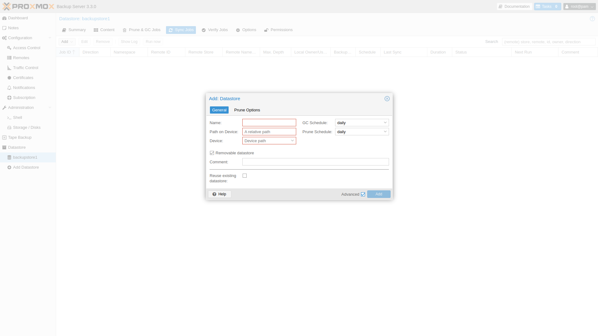 Proxmox Backup Server dialog for adding a removable datastore for offsite backup rotation