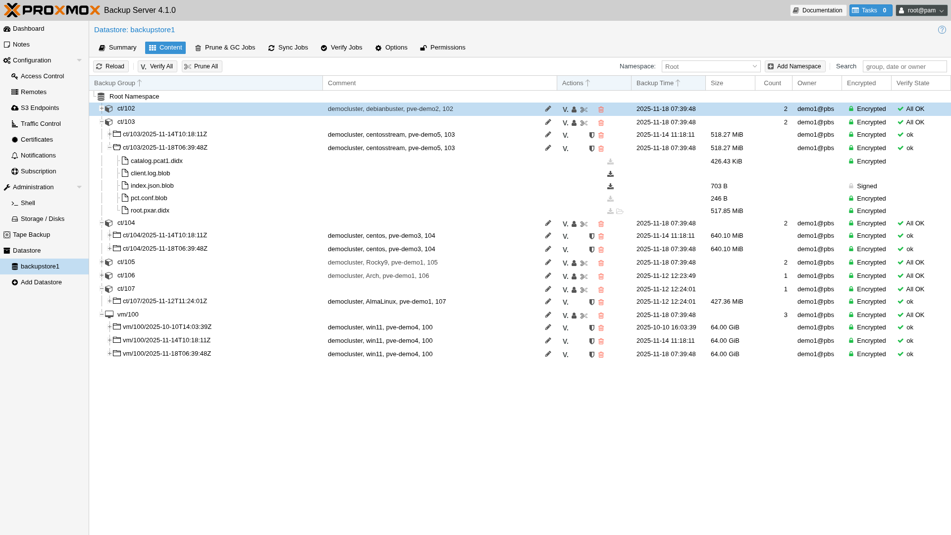 Proxmox Backup Server datastore content listing backup snapshots per VM and container