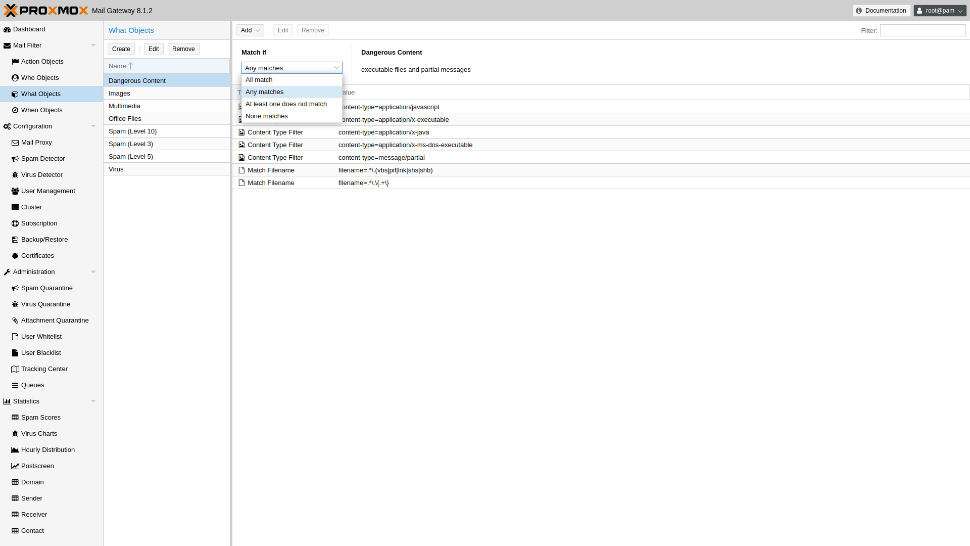 Proxmox Mail Gateway rule configuration showing which objects a filter rule matches