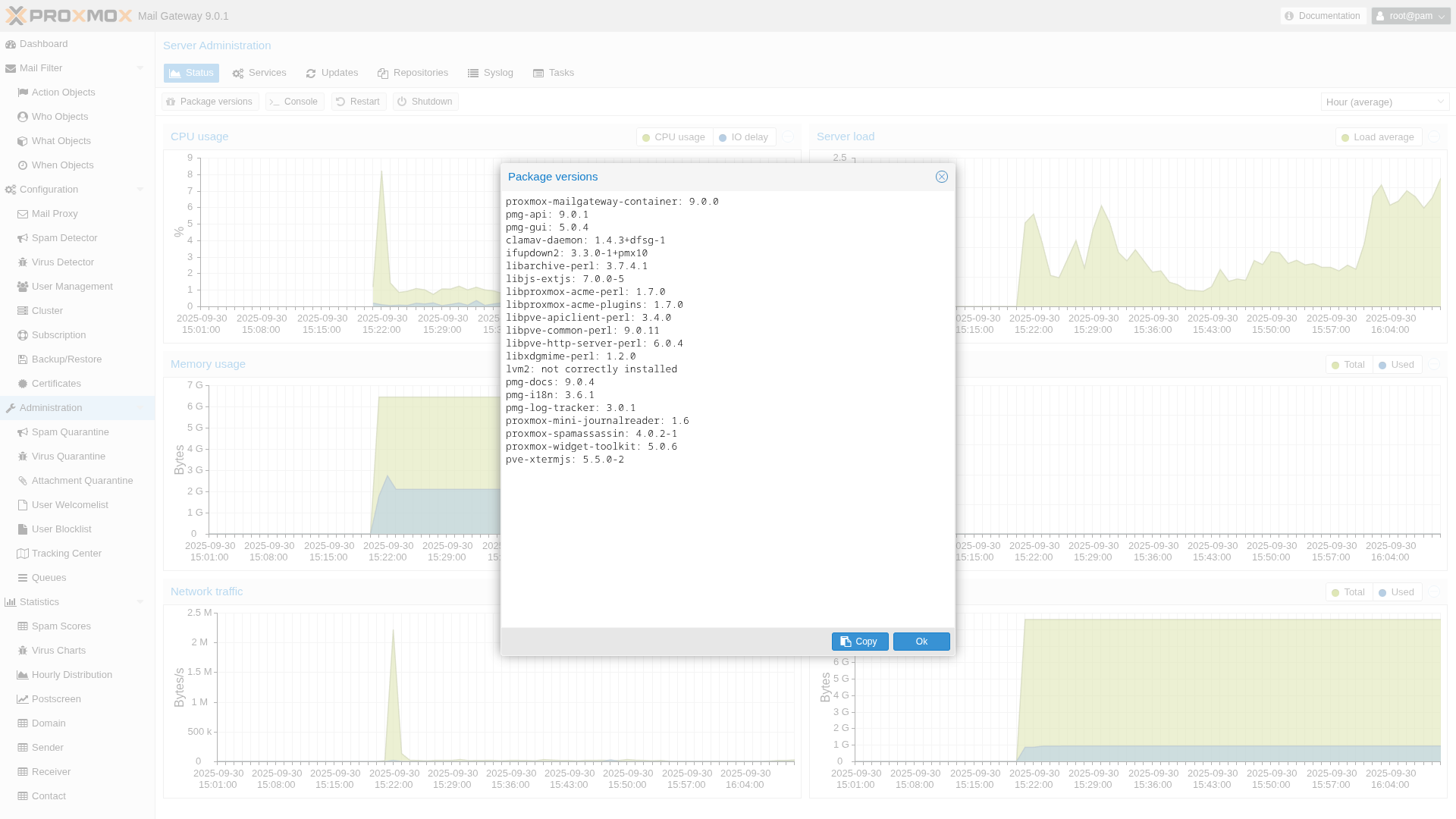 Proxmox Mail Gateway 9.0 package versions and update status view