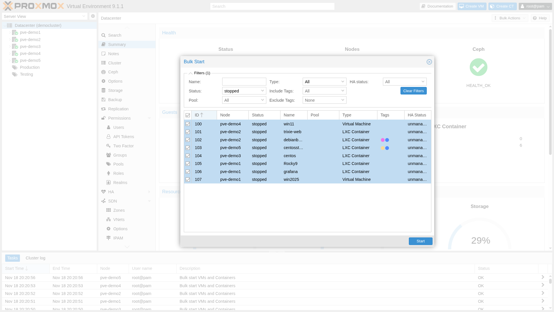 Proxmox VE 9.1 datacenter bulk actions across multiple guests